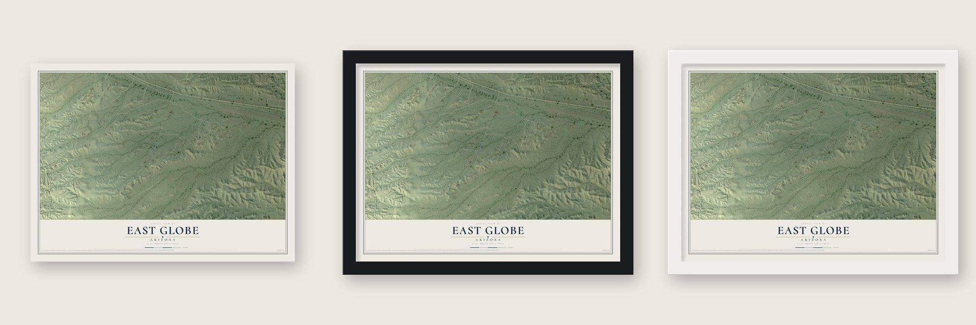 East Globe, Arizona map unframed, in a black wood frame and in a white wood frame