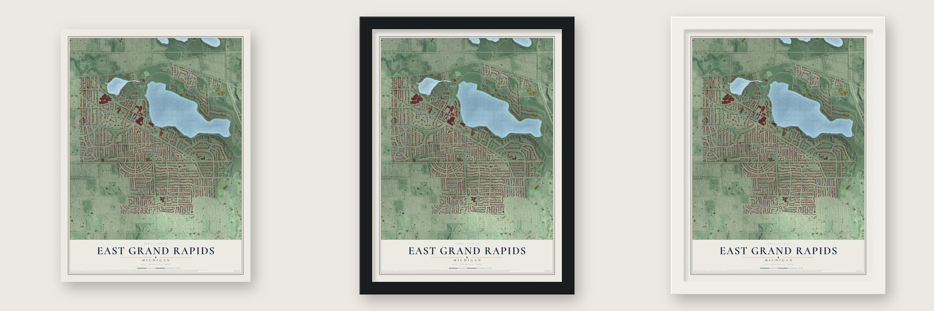 East Grand Rapids, Michigan map unframed, in a black wood frame and in a white wood frame