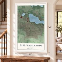 East Grand Rapids, Michigan map, 24 x 36 inch print in a white frame by a staircase
