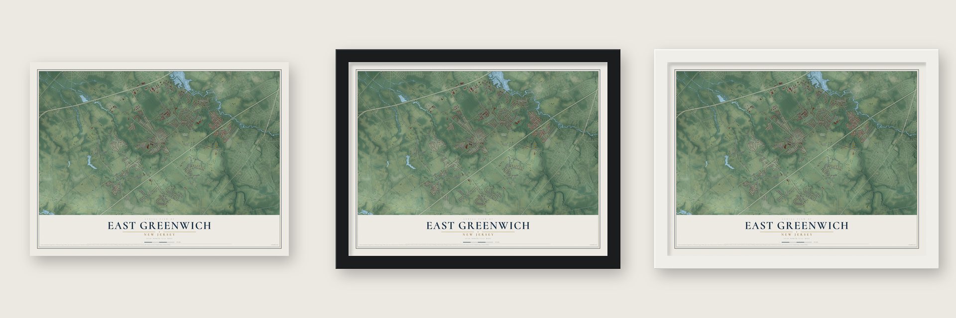 East Greenwich, New Jersey map unframed, in a black wood frame and in a white wood frame