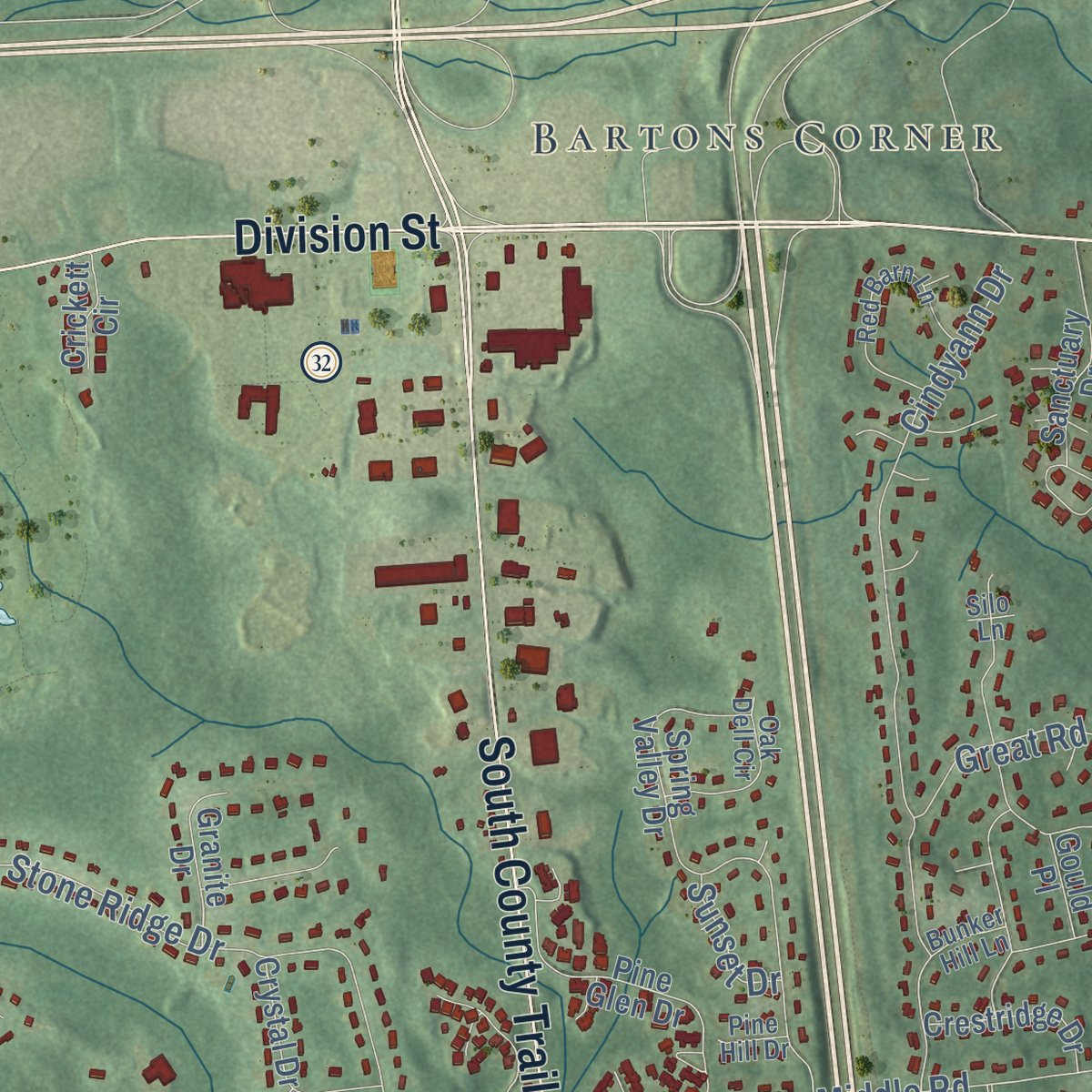 Second close-up of the map of East Greenwich, Rhode Island print showing more streets and buildings