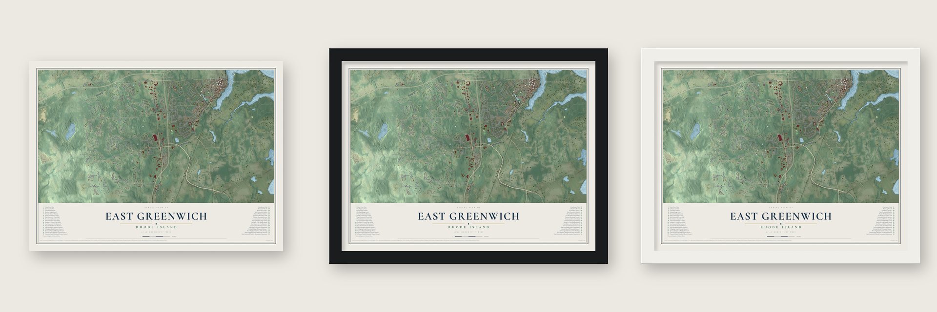 East Greenwich, Rhode Island map unframed, in a black wood frame and in a white wood frame