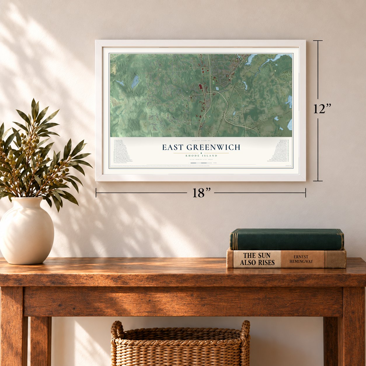 East Greenwich, Rhode Island map, 12 x 18 inch print in a white frame in an entryway