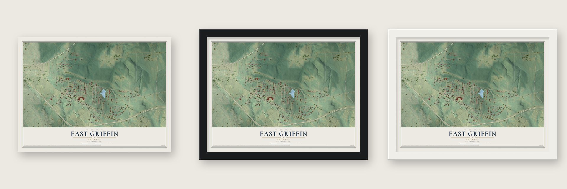 East Griffin, Georgia map unframed, in a black wood frame and in a white wood frame