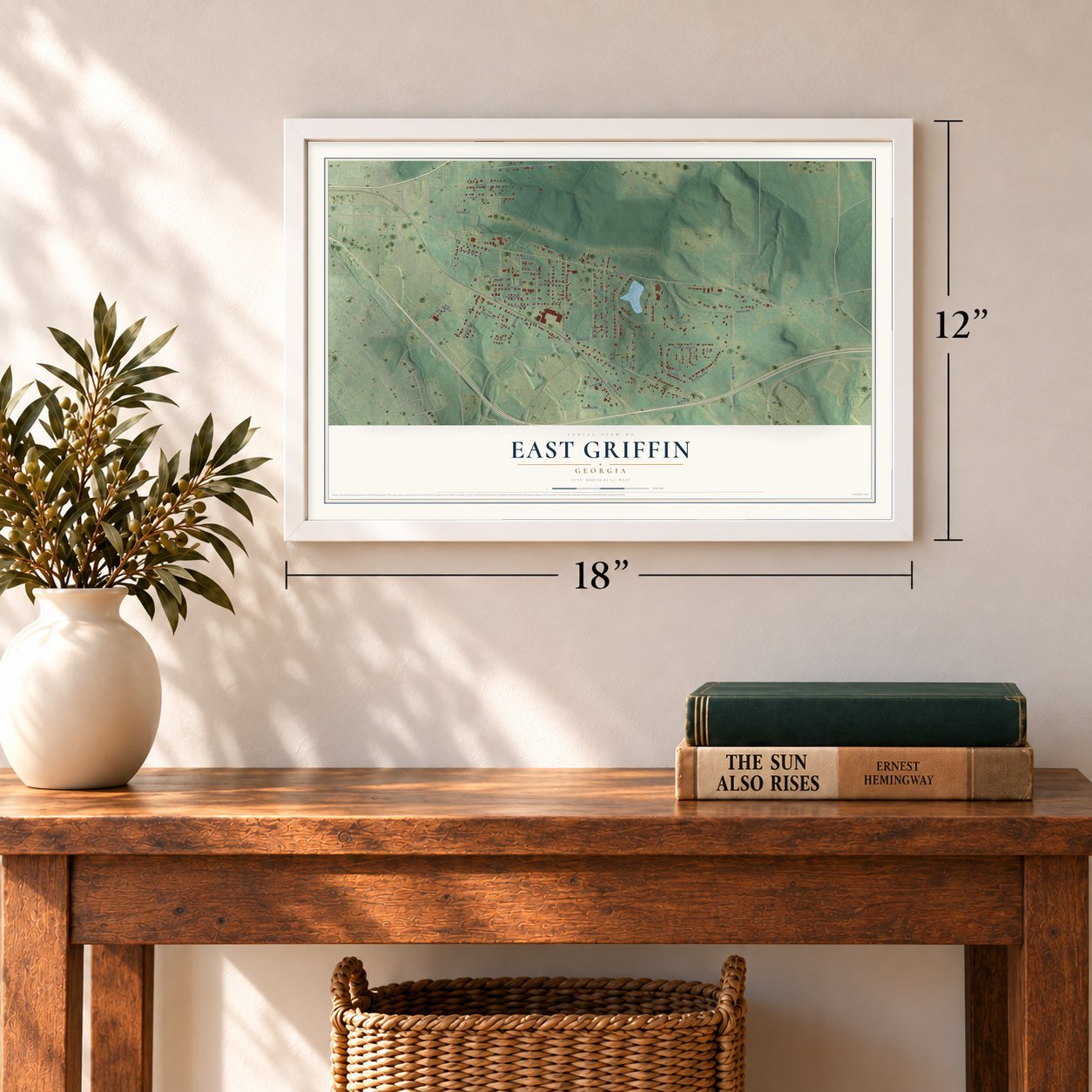 East Griffin, Georgia map, 12 x 18 inch print in a white frame in an entryway
