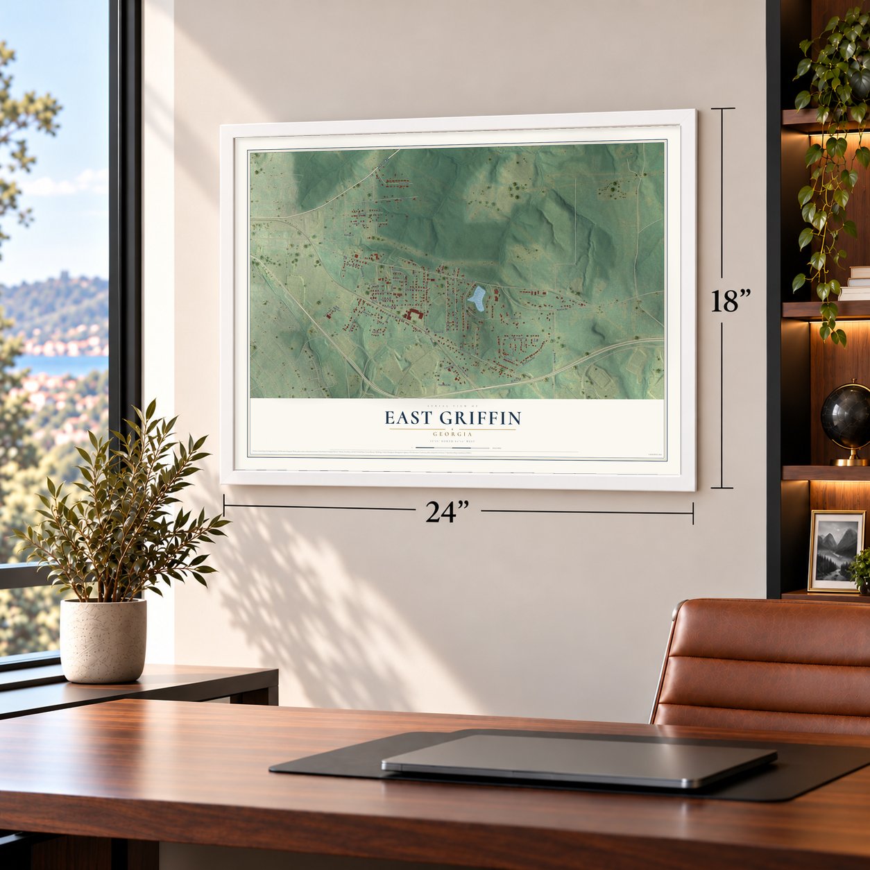 East Griffin, Georgia map, 18 x 24 inch print in a white frame in a home office