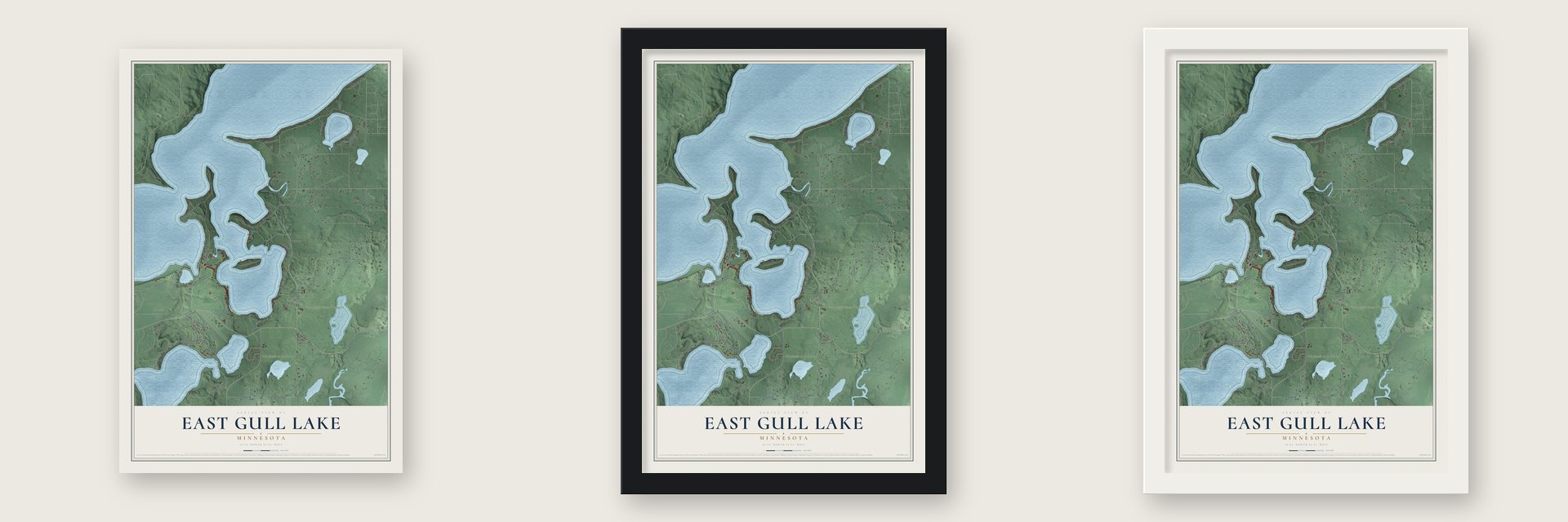 East Gull Lake, Minnesota map unframed, in a black wood frame and in a white wood frame
