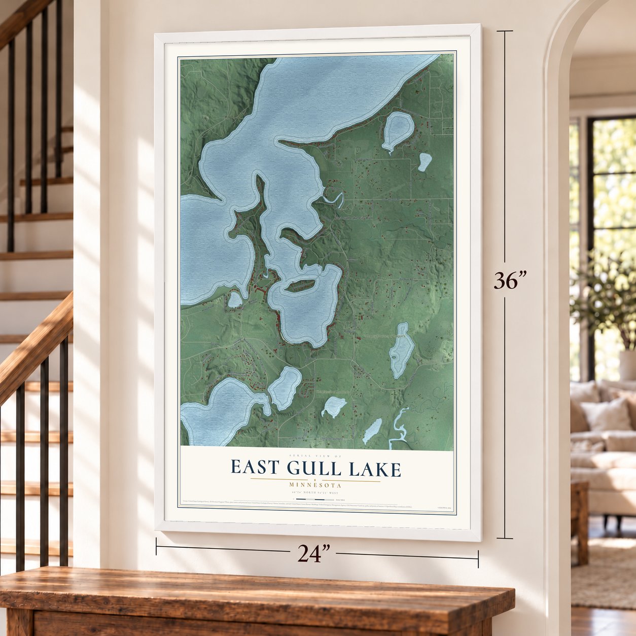 East Gull Lake, Minnesota map, 24 x 36 inch print in a white frame by a staircase