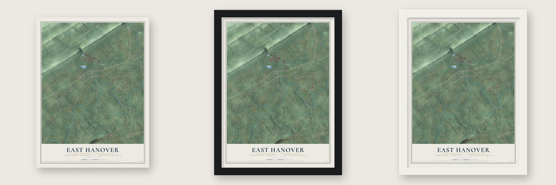 East Hanover, Lebanon County, Pennsylvania map unframed, in a black wood frame and in a white wood frame