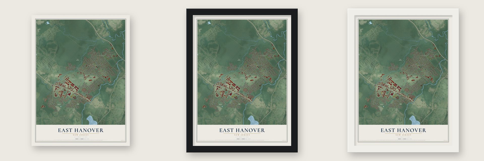 East Hanover, New Jersey map unframed, in a black wood frame and in a white wood frame
