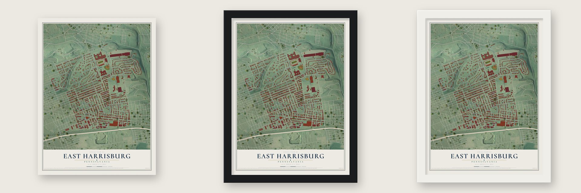 East Harrisburg, Pennsylvania map unframed, in a black wood frame and in a white wood frame