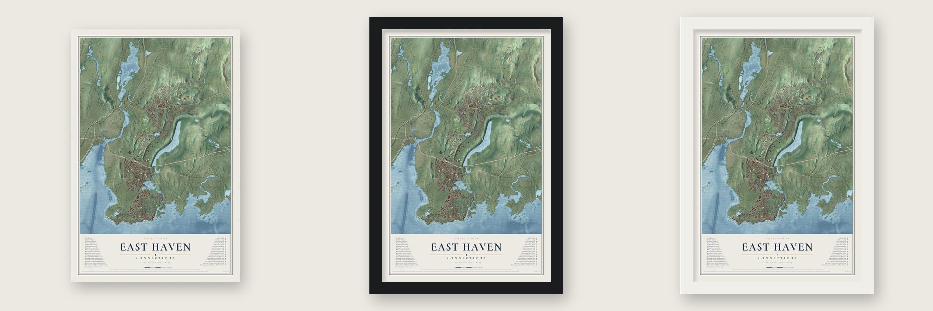 East Haven, Connecticut map unframed, in a black wood frame and in a white wood frame