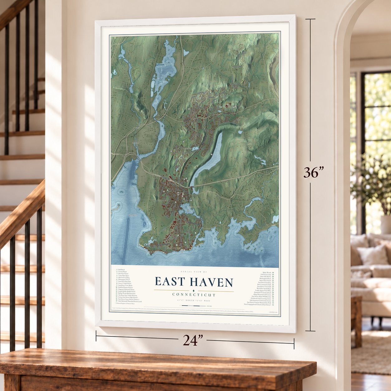 East Haven, Connecticut map, 24 x 36 inch print in a white frame by a staircase
