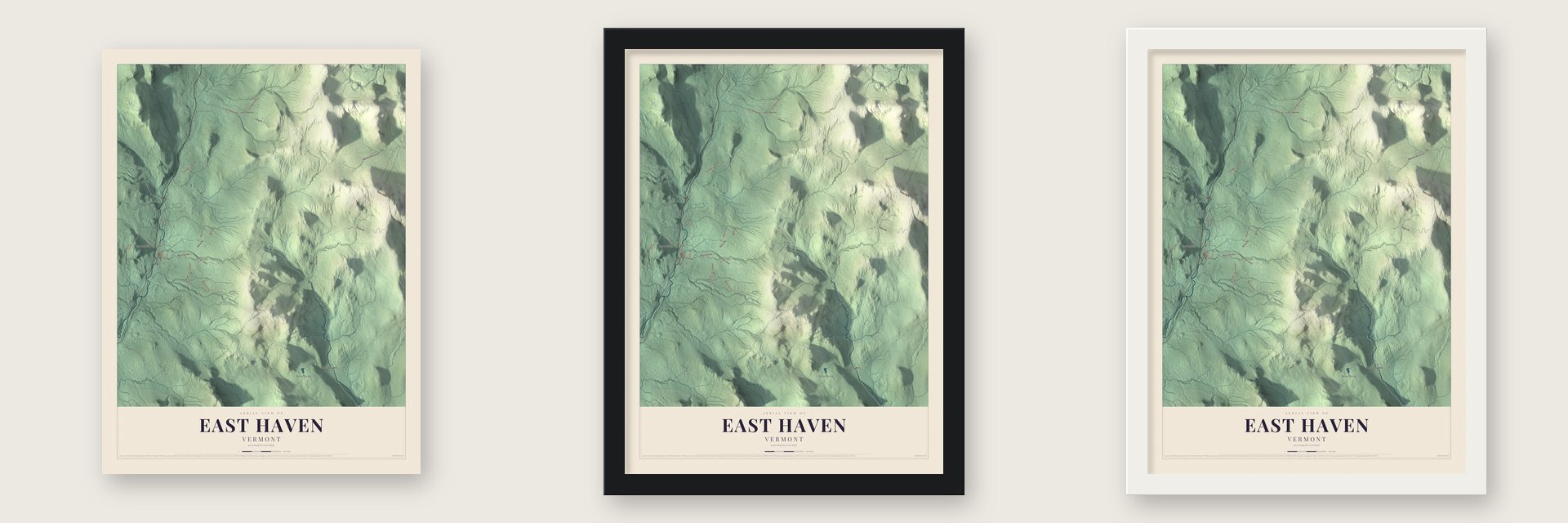 East Haven, Vermont map unframed, in a black wood frame and in a white wood frame