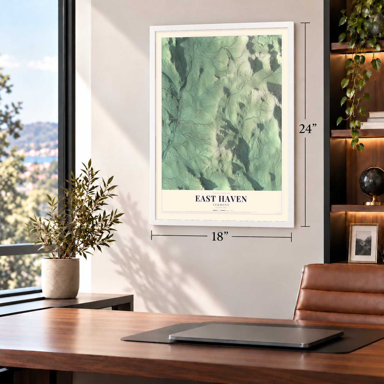 East Haven, Vermont map, 18 x 24 inch print in a white frame in a home office