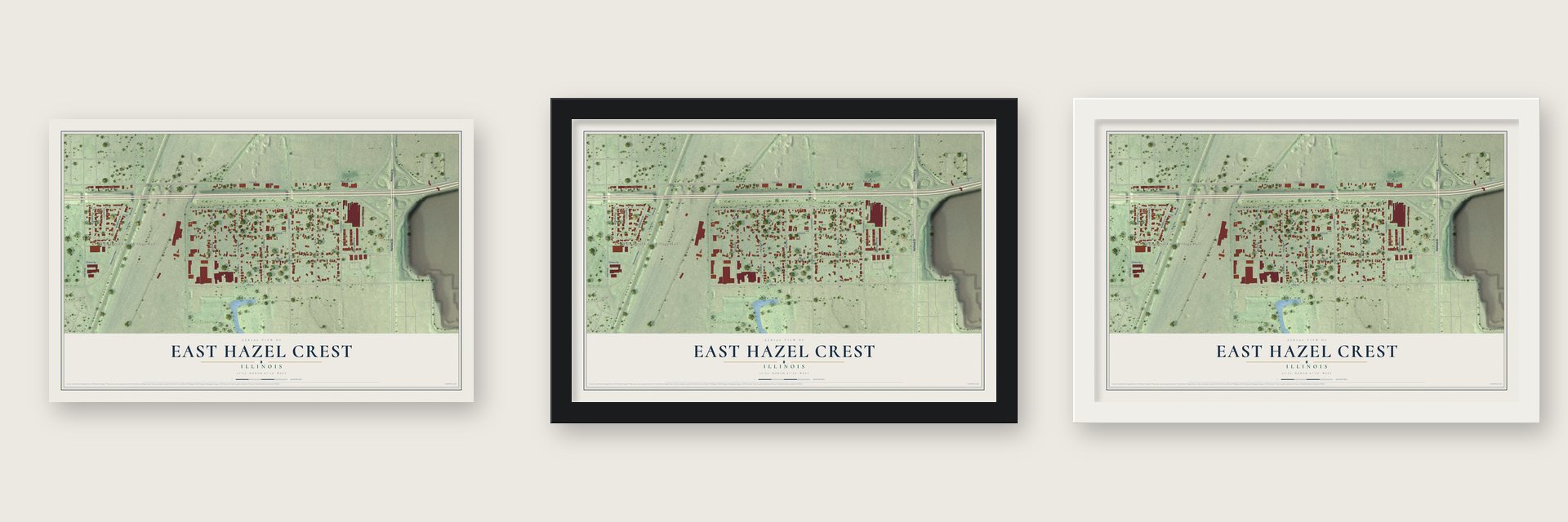 East Hazel Crest, Illinois map unframed, in a black wood frame and in a white wood frame