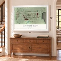 East Hazel Crest, Illinois map, 24 x 36 inch print in a white frame above a dresser by a staircase