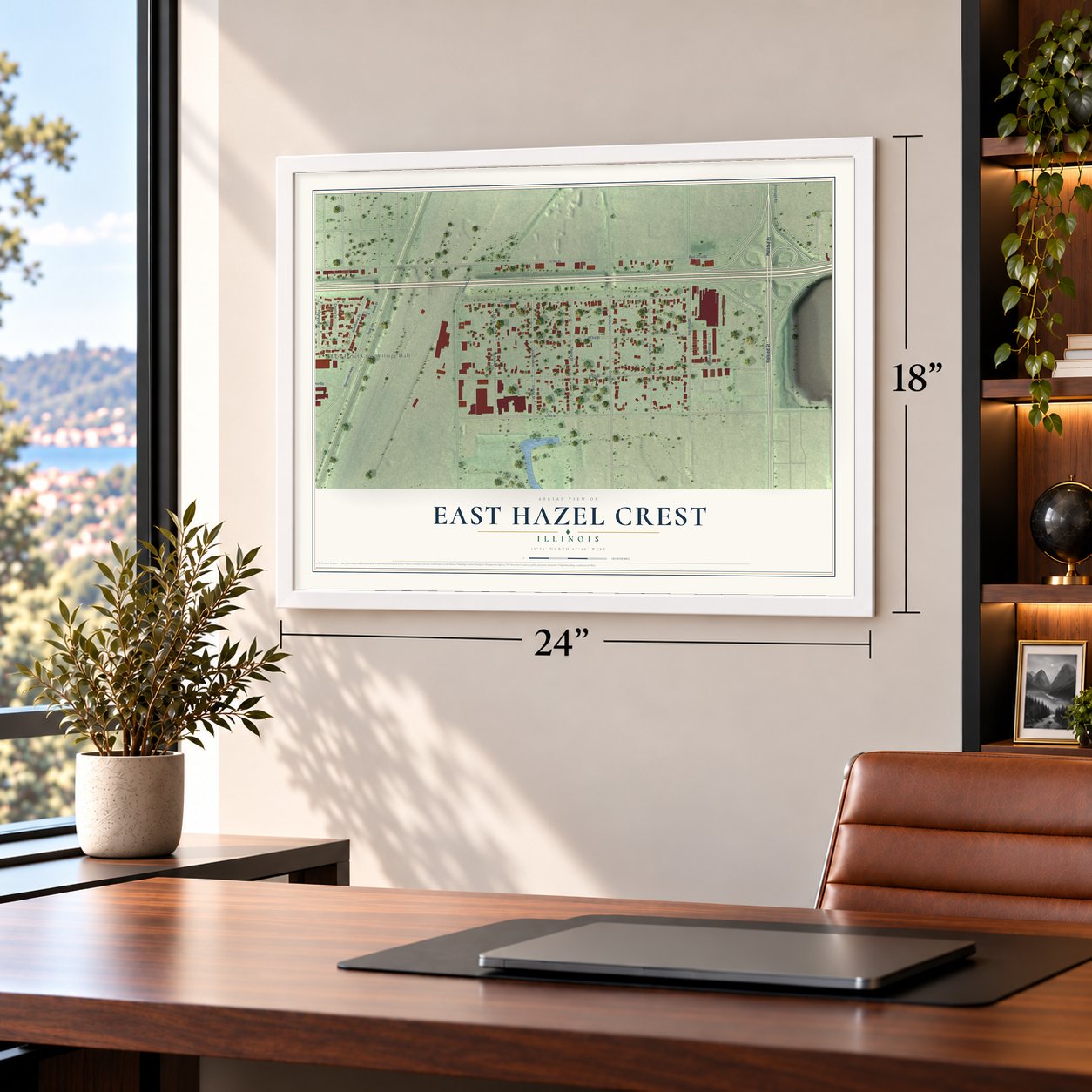 East Hazel Crest, Illinois map, 18 x 24 inch print in a white frame in a home office