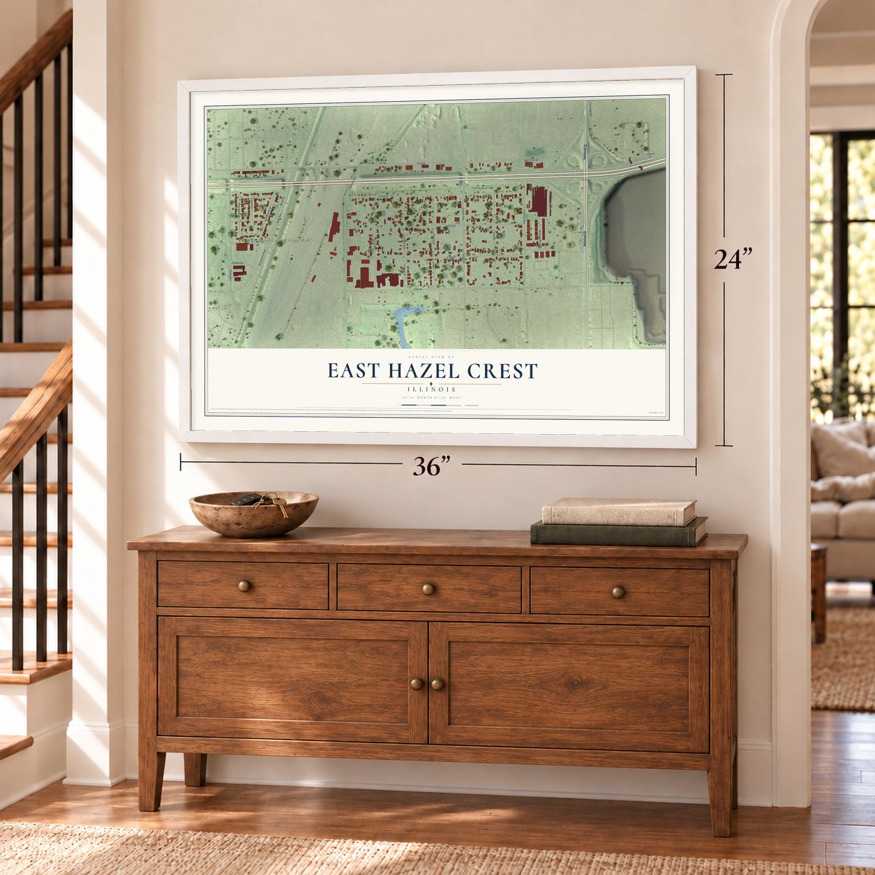 East Hazel Crest, Illinois map, 24 x 36 inch print in a white frame above a dresser by a staircase
