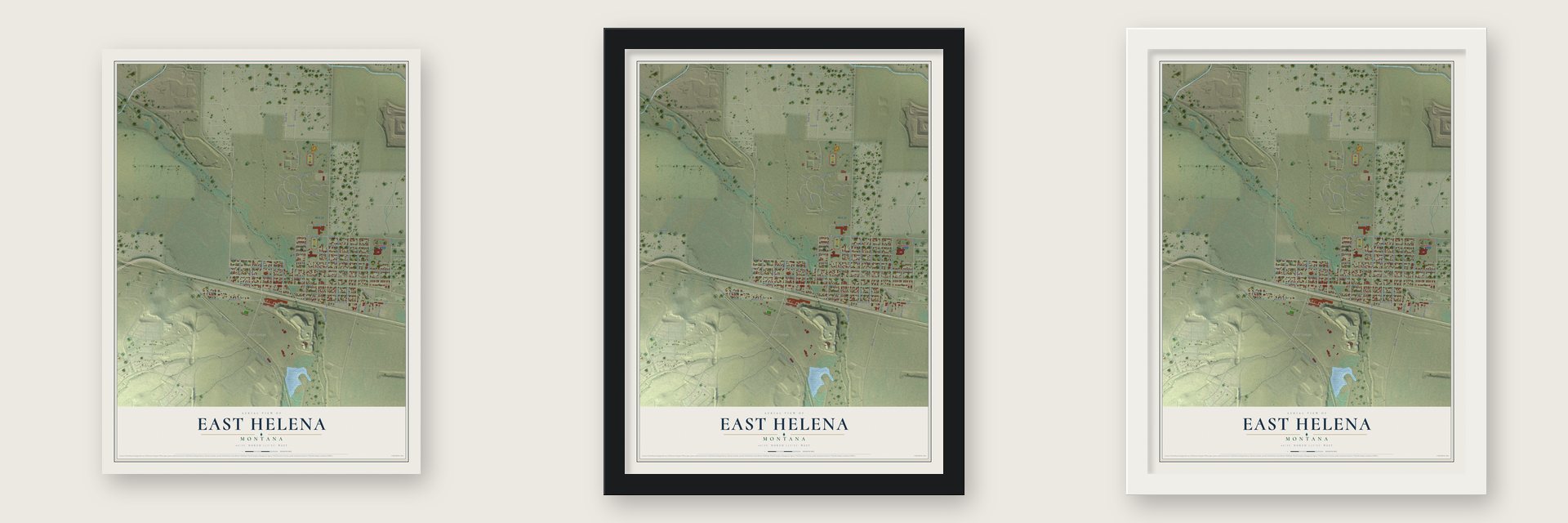 East Helena, Montana map unframed, in a black wood frame and in a white wood frame