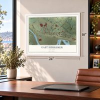 East Herkimer, New York map, 18 x 24 inch print in a white frame in a home office