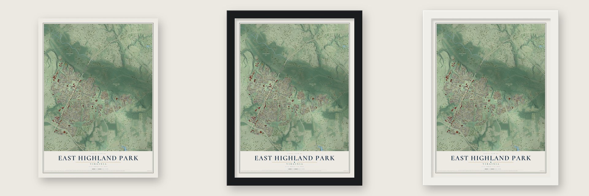 East Highland Park, Virginia map unframed, in a black wood frame and in a white wood frame