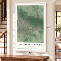 East Highland Park, Virginia map, 24 x 36 inch print in a white frame by a staircase