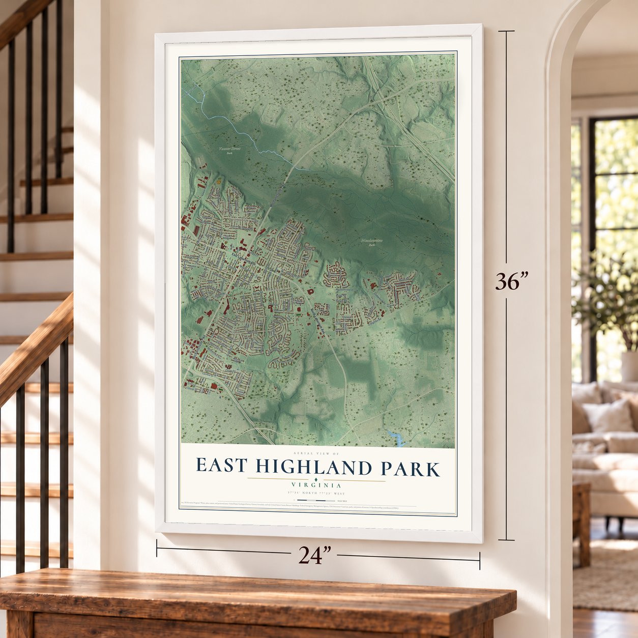East Highland Park, Virginia map, 24 x 36 inch print in a white frame by a staircase