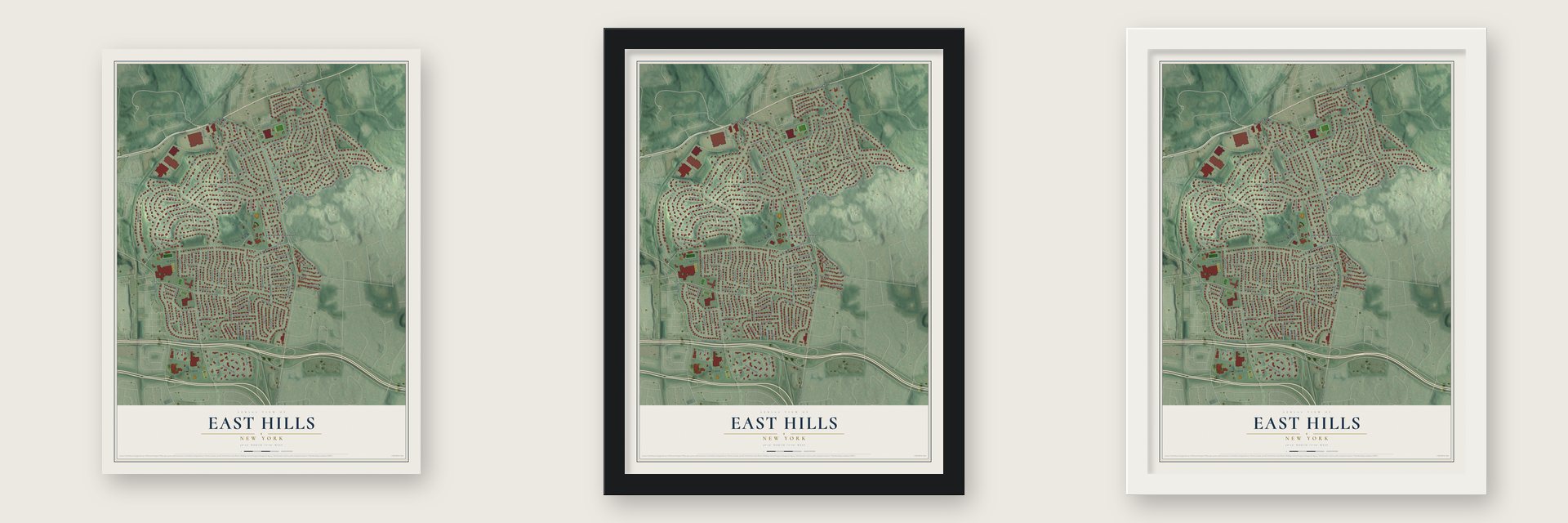 East Hills, New York map unframed, in a black wood frame and in a white wood frame