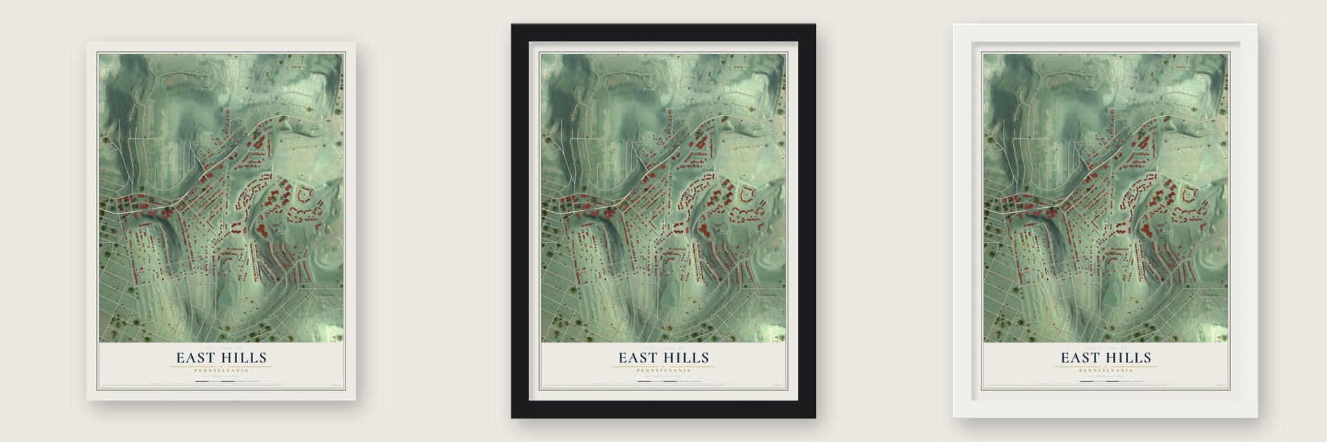 East Hills, Pennsylvania map unframed, in a black wood frame and in a white wood frame