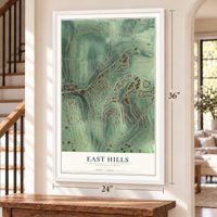 East Hills, Pennsylvania map, 24 x 36 inch print in a white frame by a staircase