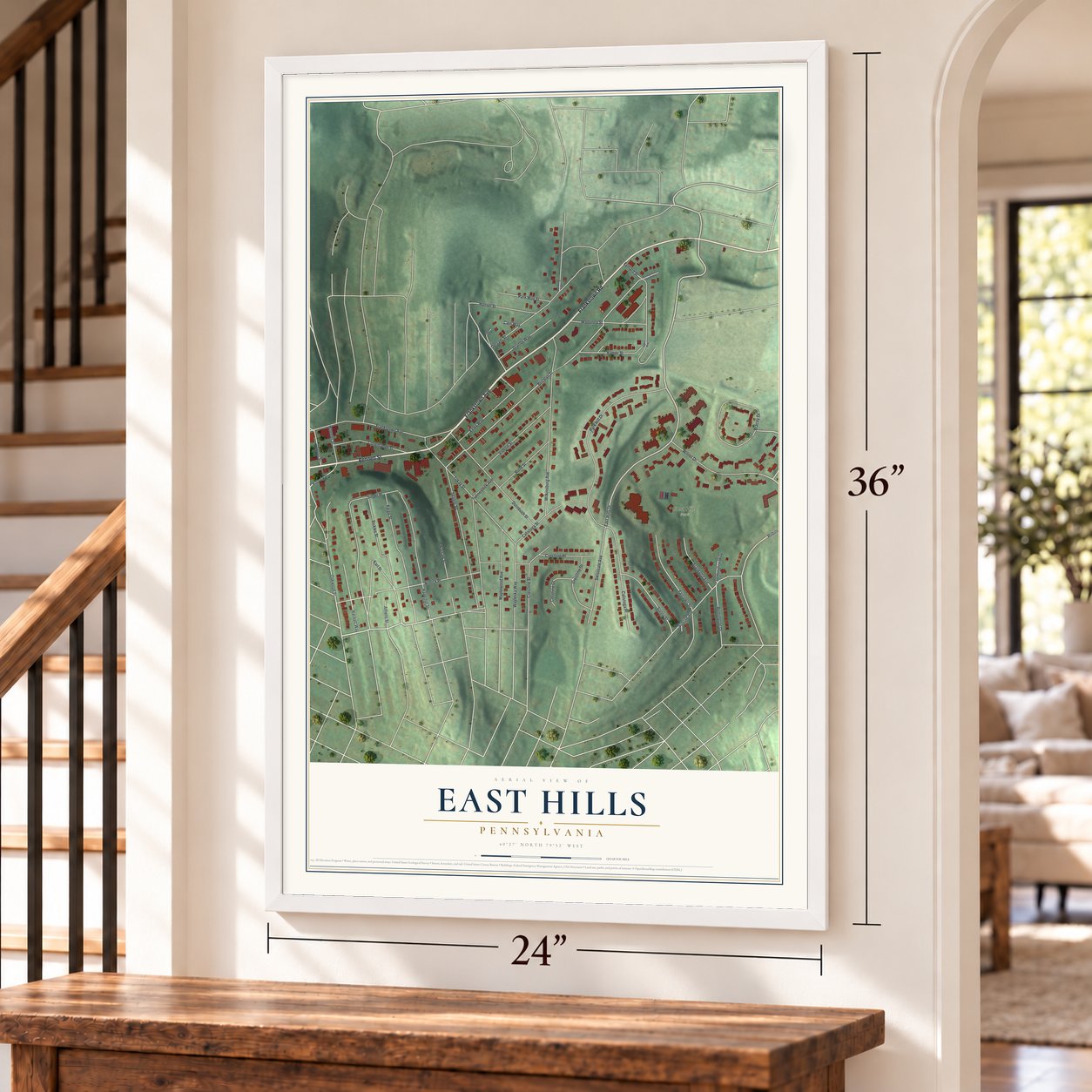 East Hills, Pennsylvania map, 24 x 36 inch print in a white frame by a staircase
