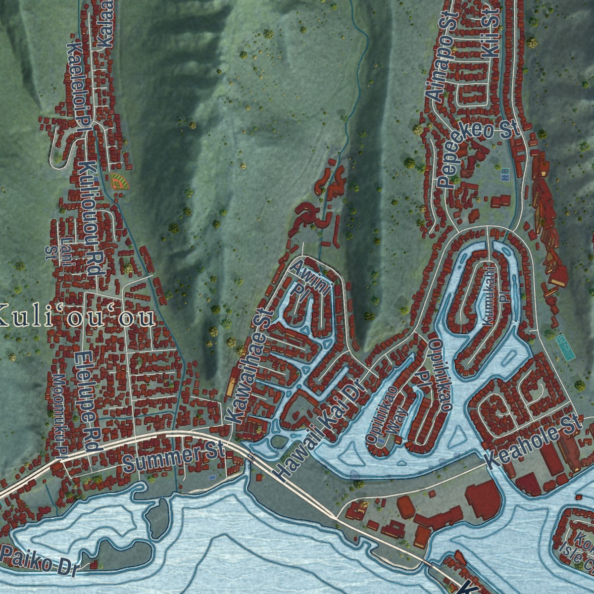 Second close-up of the map of East Honolulu, Hawaii print showing more streets and buildings