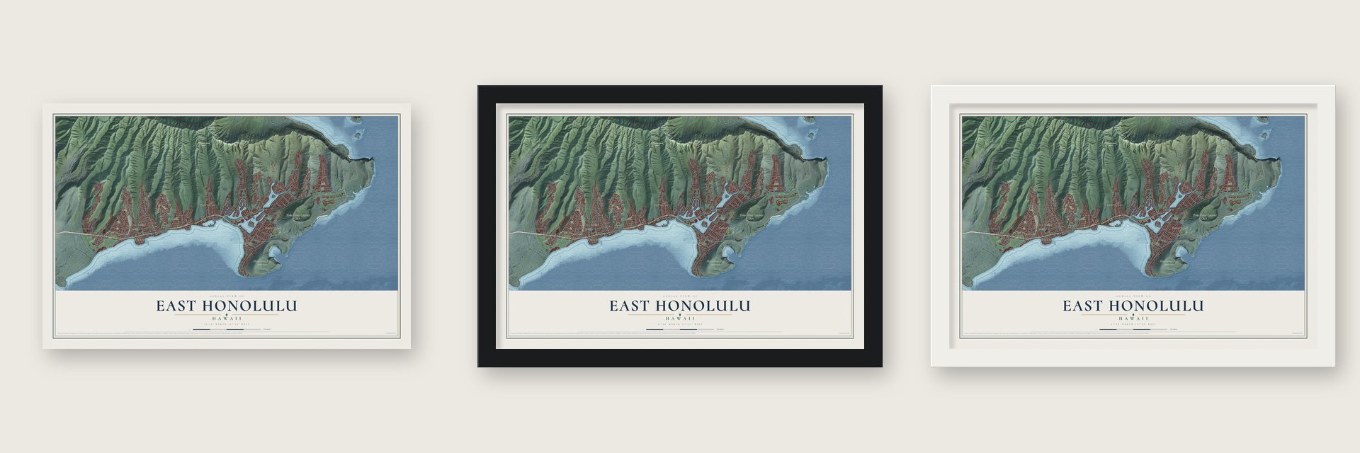 East Honolulu, Hawaii map unframed, in a black wood frame and in a white wood frame