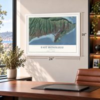 East Honolulu, Hawaii map, 18 x 24 inch print in a white frame in a home office
