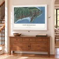 East Honolulu, Hawaii map, 24 x 36 inch print in a white frame above a dresser by a staircase