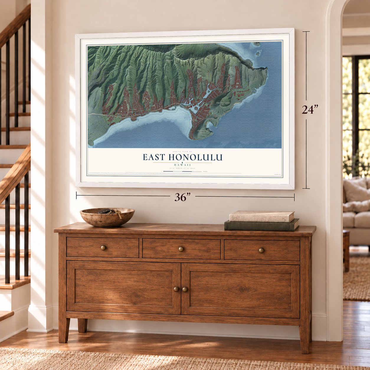 East Honolulu, Hawaii map, 24 x 36 inch print in a white frame above a dresser by a staircase