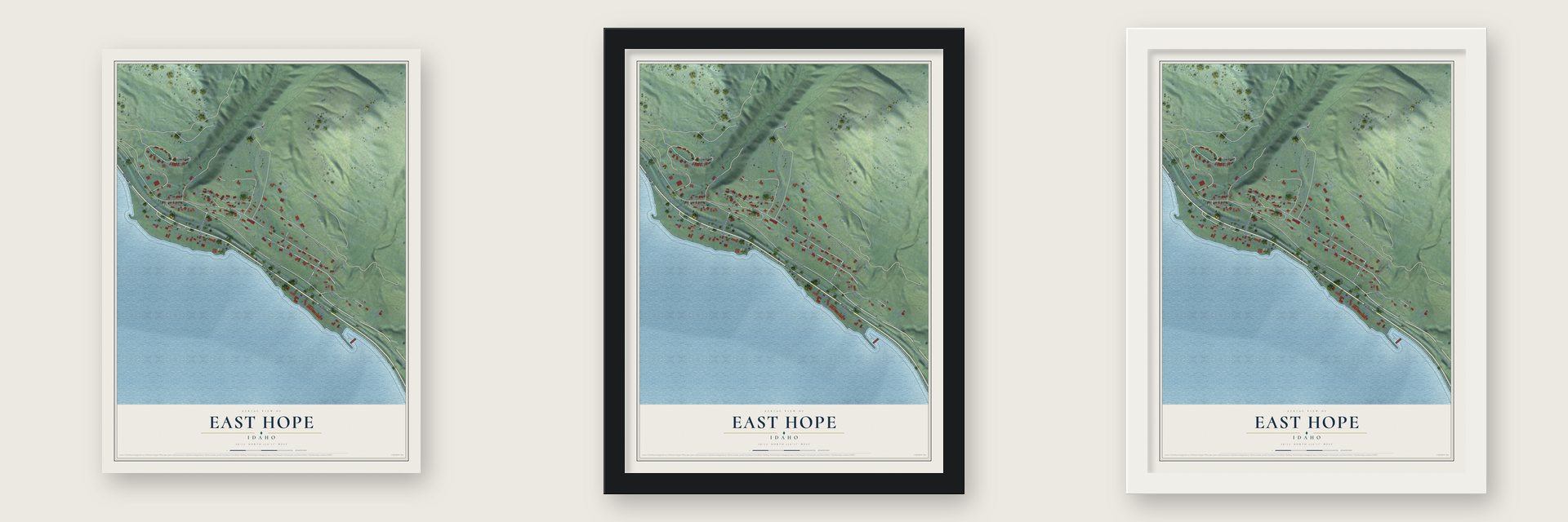 East Hope, Idaho map unframed, in a black wood frame and in a white wood frame