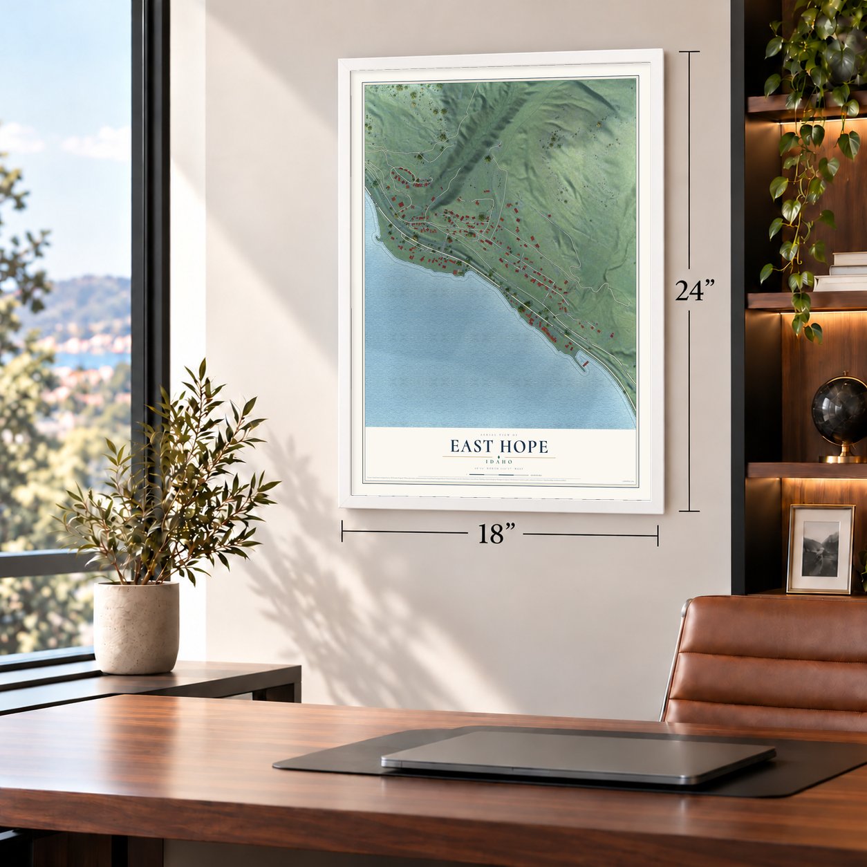 East Hope, Idaho map, 18 x 24 inch print in a white frame in a home office