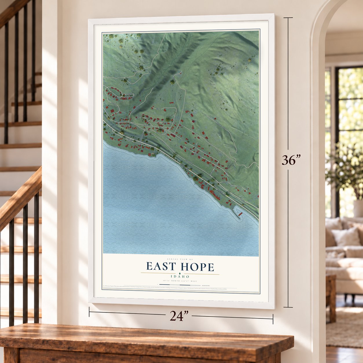 East Hope, Idaho map, 24 x 36 inch print in a white frame by a staircase