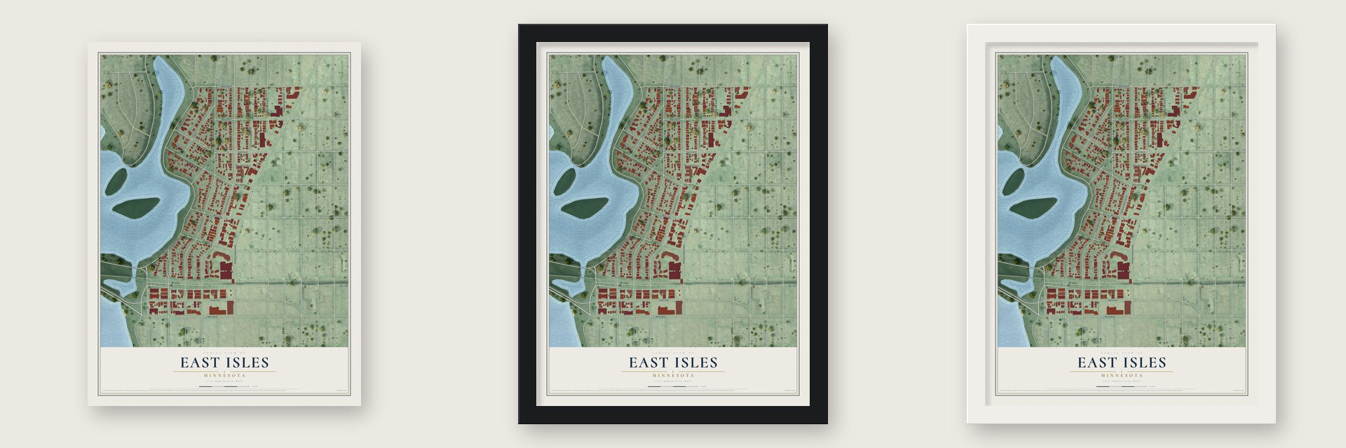 East Isles, Minnesota map unframed, in a black wood frame and in a white wood frame