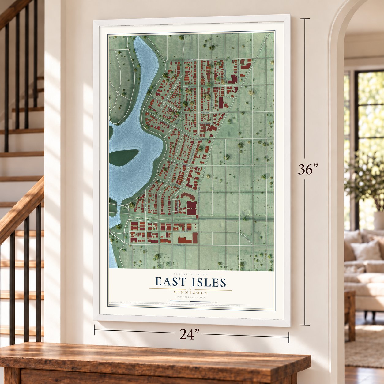 East Isles, Minnesota map, 24 x 36 inch print in a white frame by a staircase