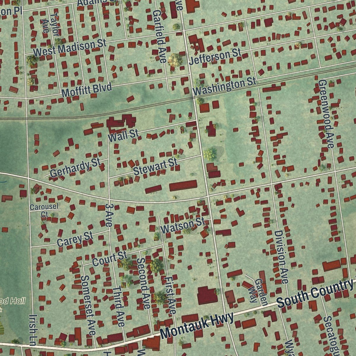 Second close-up of the map of East Islip, New York print showing more streets and buildings