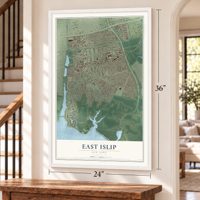 East Islip, New York map, 24 x 36 inch print in a white frame by a staircase