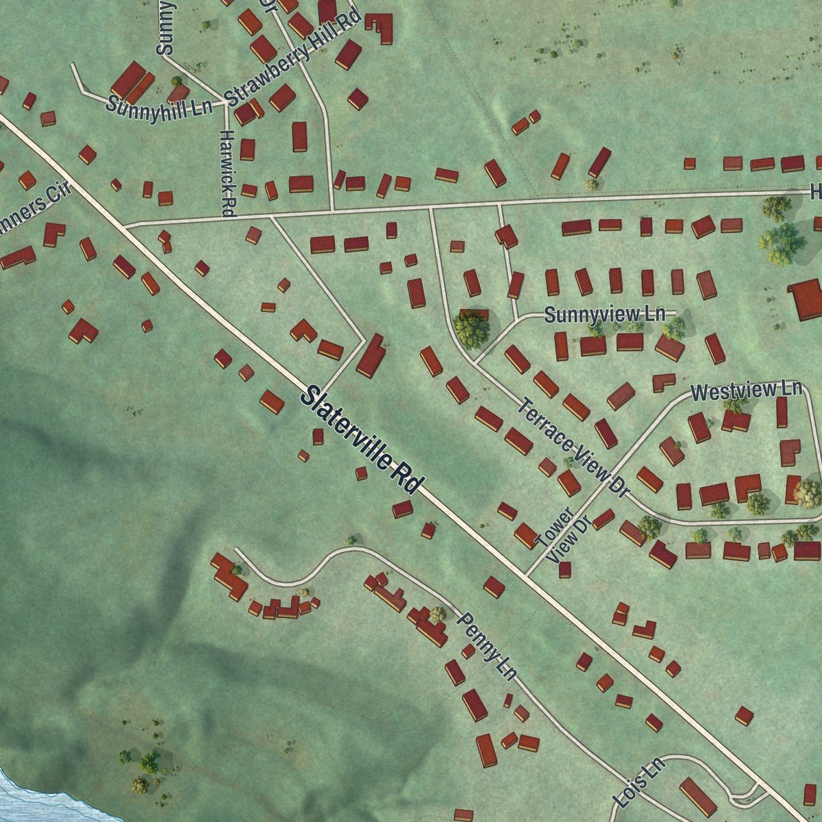 Second close-up of the map of East Ithaca, New York print showing more streets and buildings