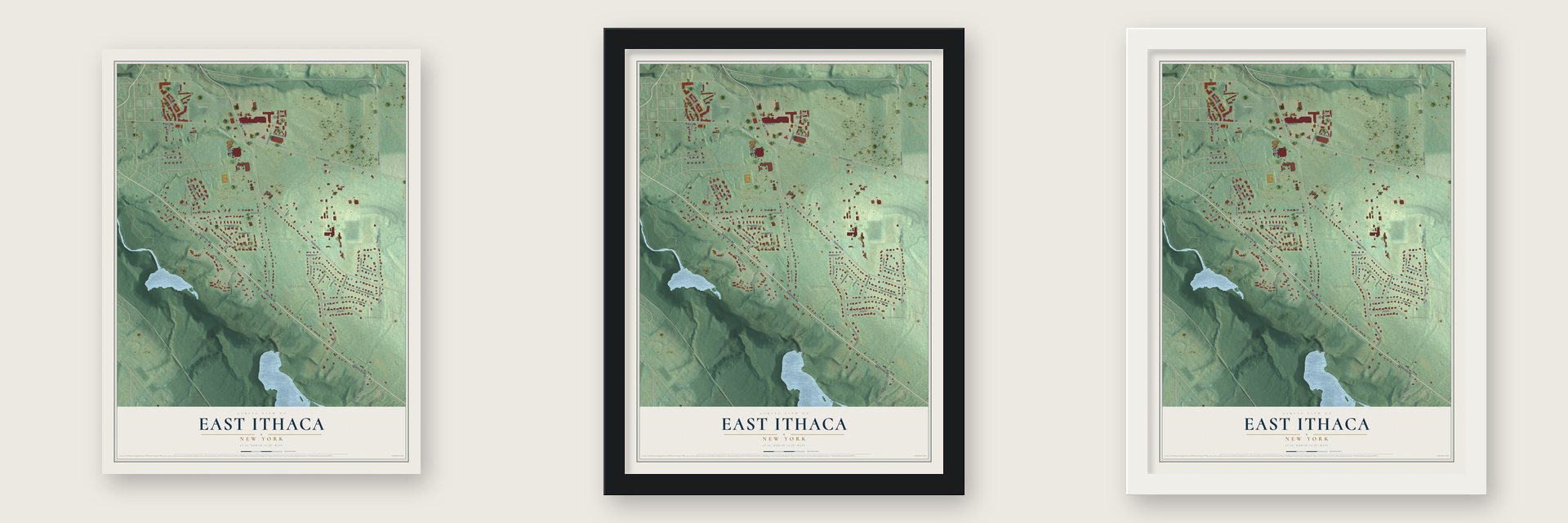 East Ithaca, New York map unframed, in a black wood frame and in a white wood frame