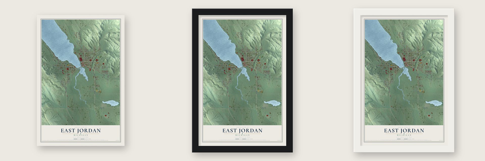 East Jordan, Michigan map unframed, in a black wood frame and in a white wood frame