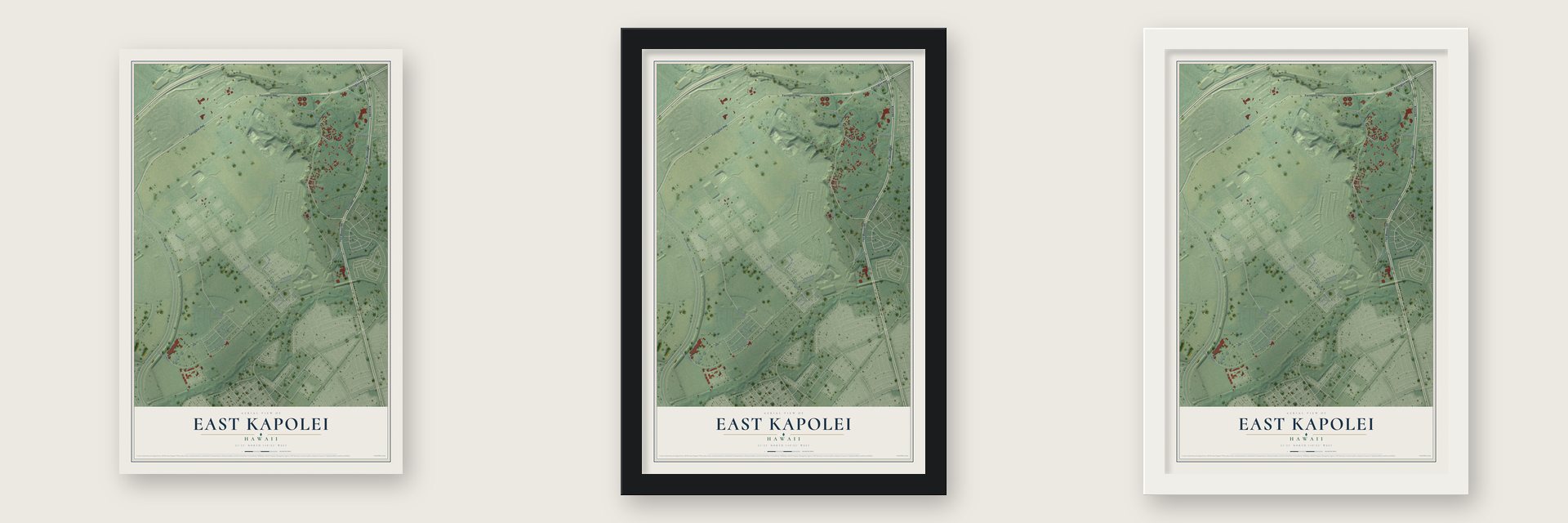 East Kapolei, Hawaii map unframed, in a black wood frame and in a white wood frame