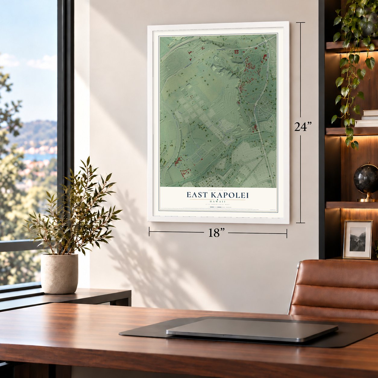 East Kapolei, Hawaii map, 18 x 24 inch print in a white frame in a home office