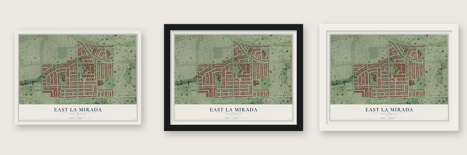 East La Mirada, California map unframed, in a black wood frame and in a white wood frame